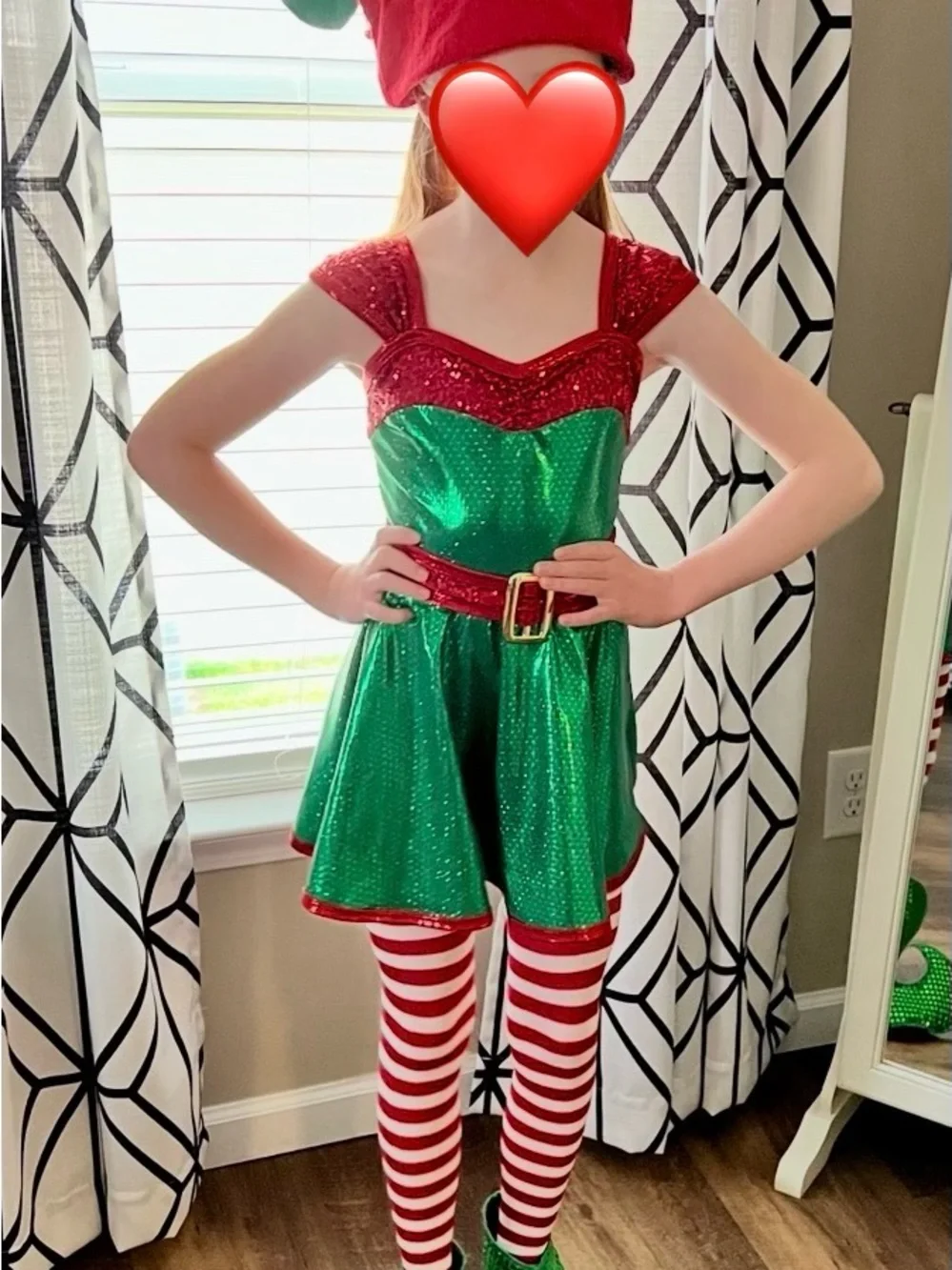 Girls Green & Red Elf Dance Costume Dress with Hat and Shoe Covers